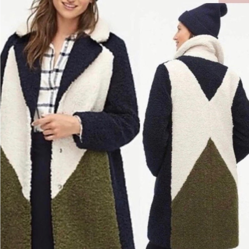 J.crew colorblock blue/green teddy Sherpa overcoat xxs